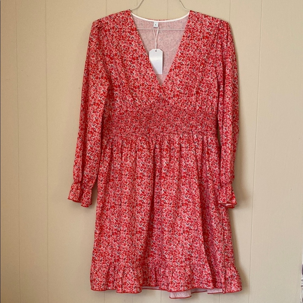 Pink Red Floral V-Neck Dress